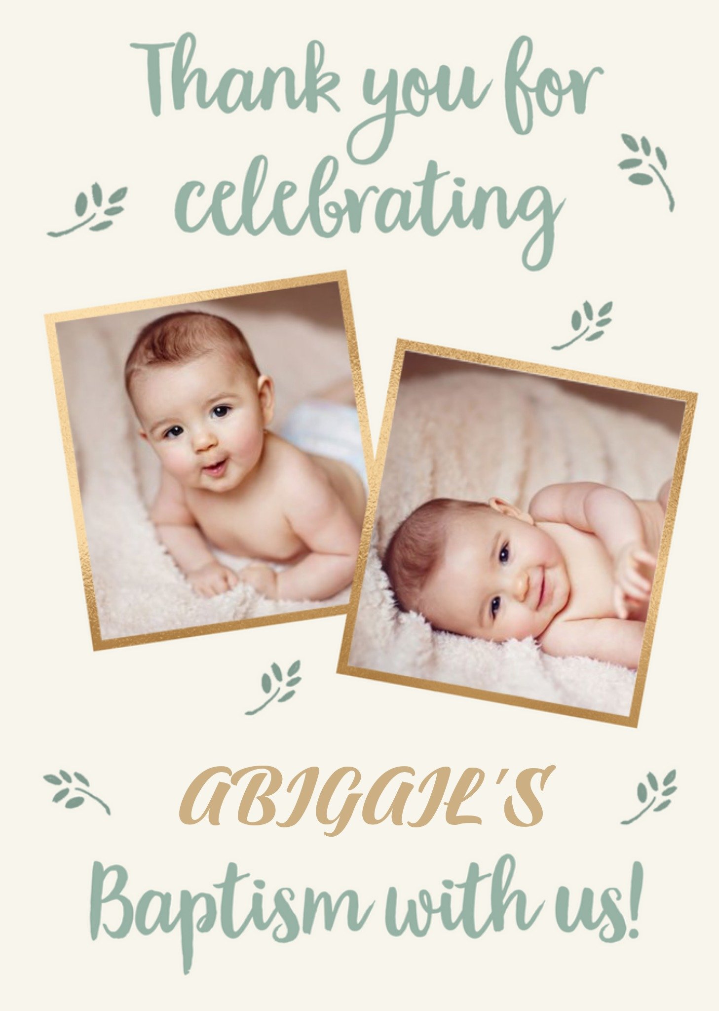 Typographic Photo Upload Green And Gold Baptism Card Ecard