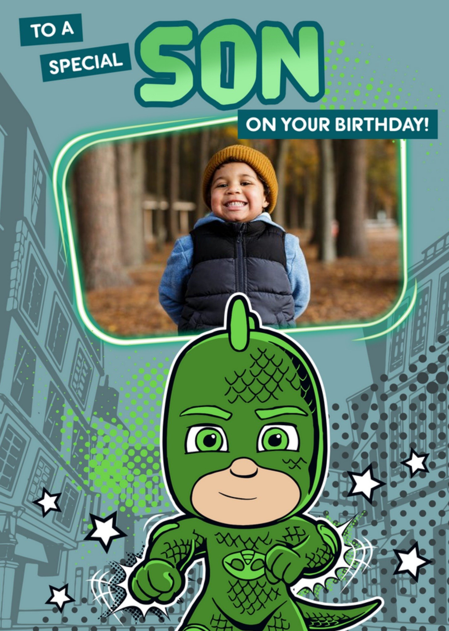 Pj Masks Gekko Photo Upload To A Special Son Birthday Card, Large