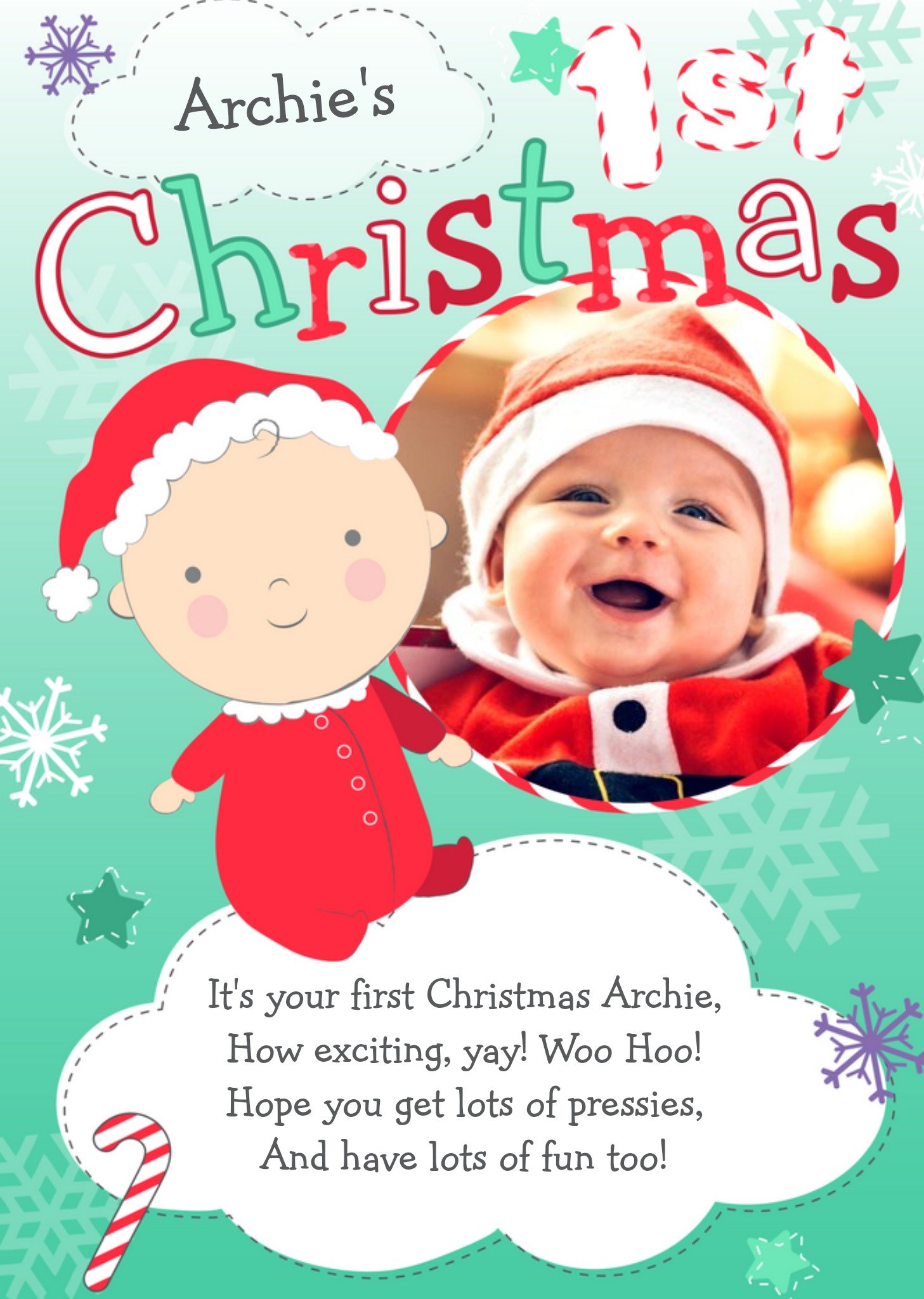 Green And White In The Clouds Personalised Photo Upload Baby's 1st Christmas Card Ecard