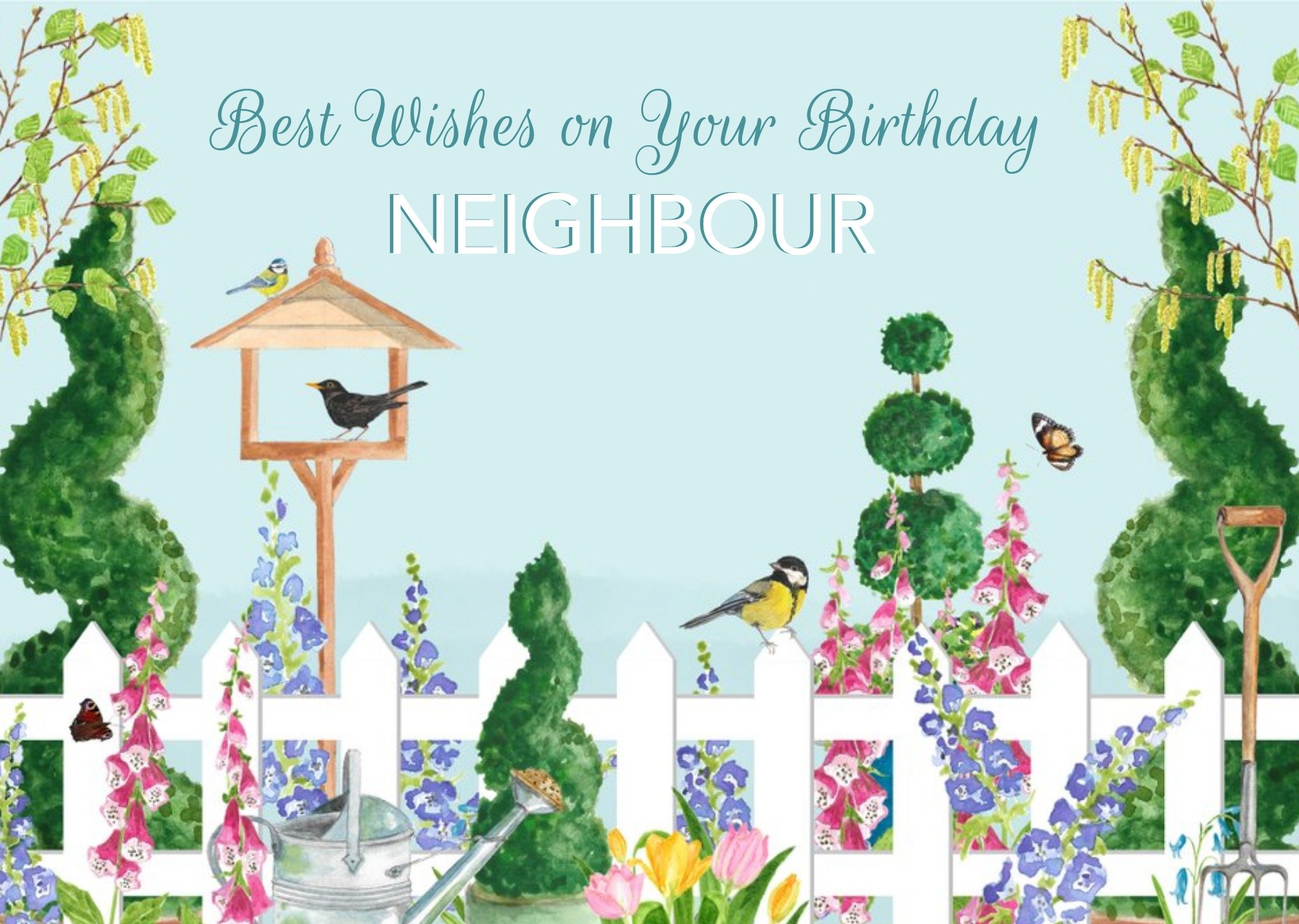 Beautiful Illustration Of A Graden Scene, Icluding A White Picket Fence Bird House And Plants, With Ecard