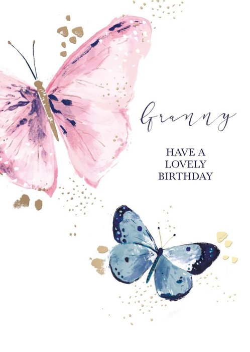 Hotchpotch Pink and Blue Illustrated Watercolour Butterflies Granny Birthday Card