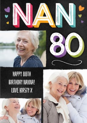 Nans 80th Typographic Photo Upload Birthday Card