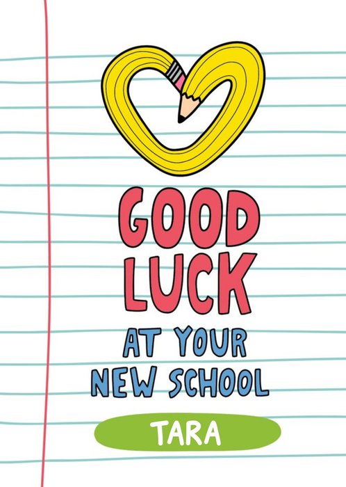 Fun Typographic Illustrated Pencil Heart Lined Paper Good Luck Card