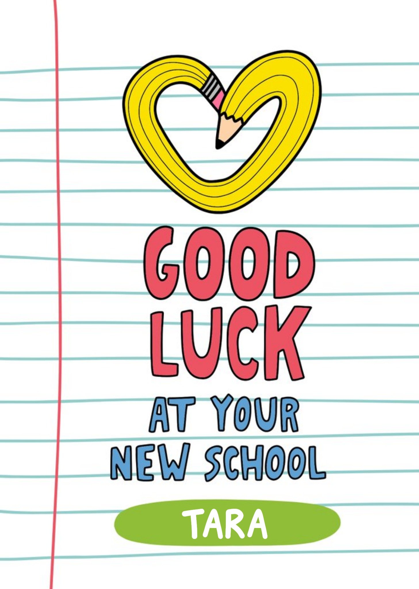 Fun Typographic Illustrated Pencil Heart Lined Paper Good Luck Card Ecard