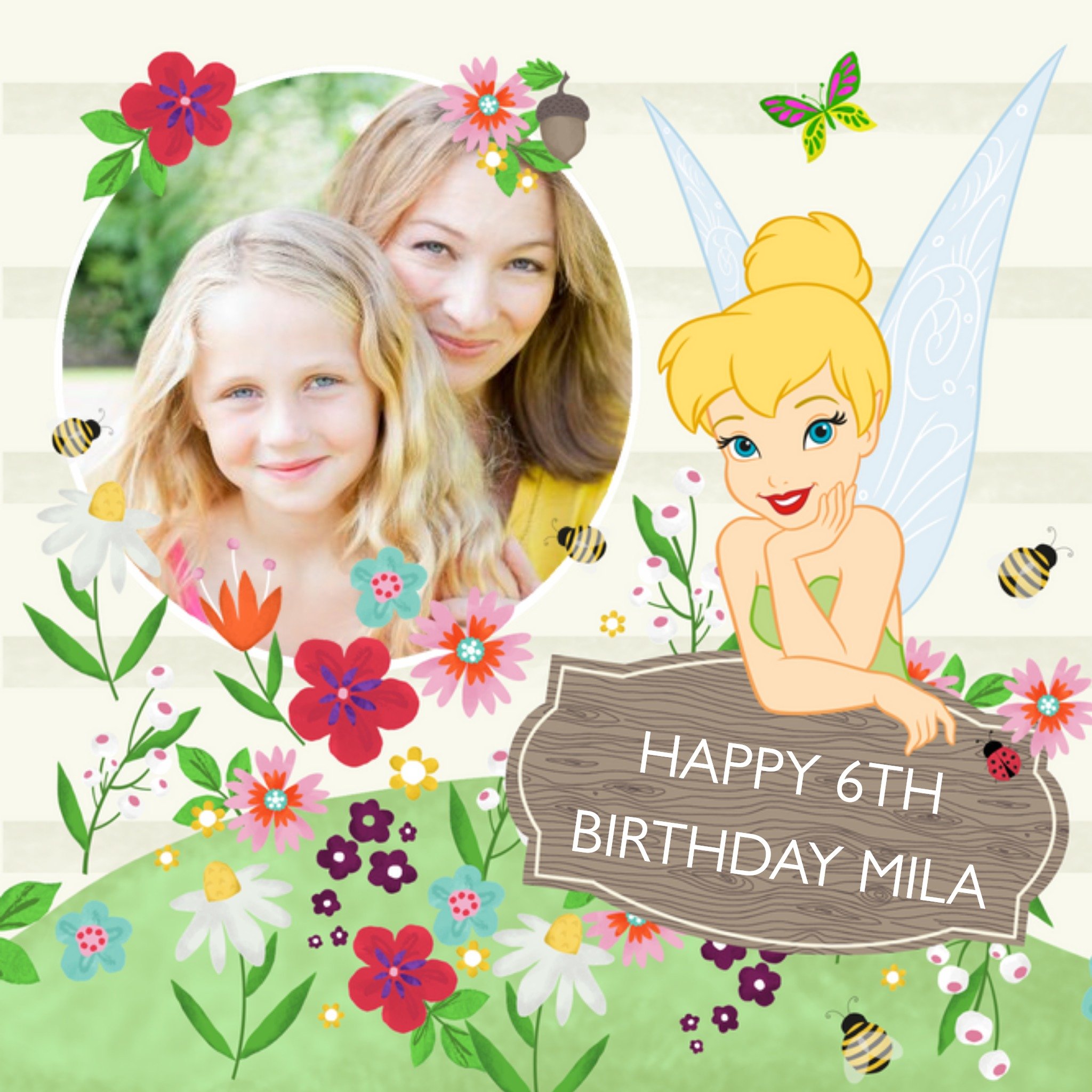 Disney Tinkerbell With Flowers Personalised Photo Upload Happy 6th Birthday Card, Square