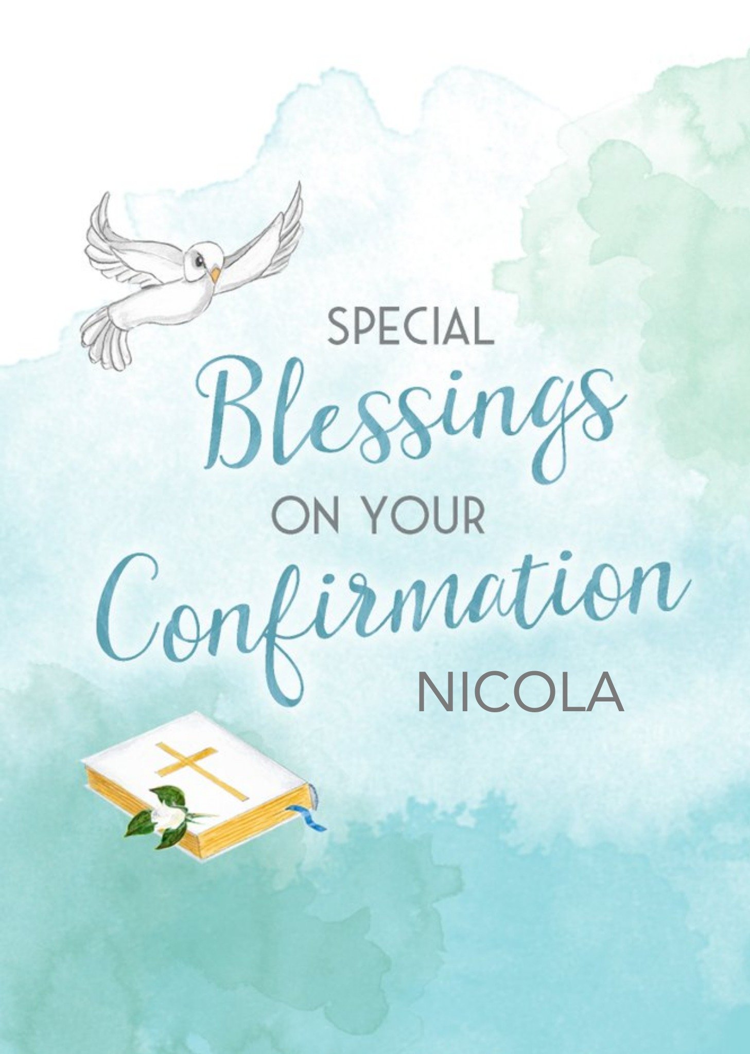 Watercolour Illustration Of A Dove And A Bible Personalised Confirmation Card Ecard