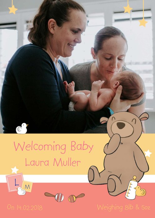 Giggling Bear New Baby Girl Photo Card