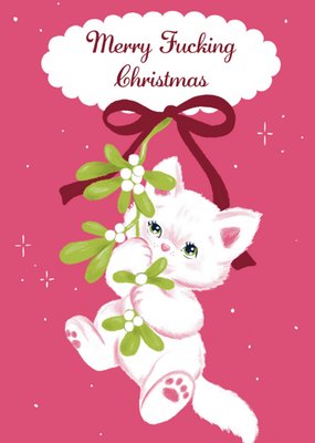 Adorable Festive Illustrated Cute Kittle Hanging From Mistletoe Christmas Card