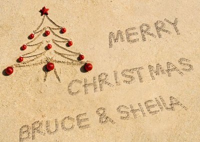 Message Written In The Sand With Tree Personalised Merry Christmas Card