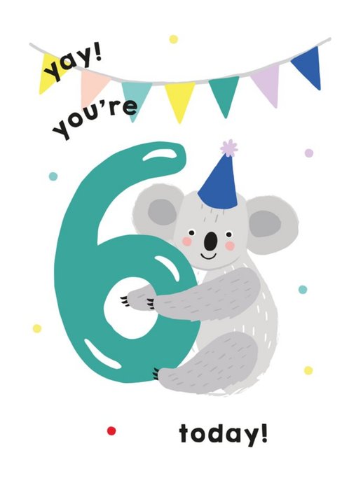 Illustrated Cute Koala Party Hat Yay Youre 6 Today Birthday Card