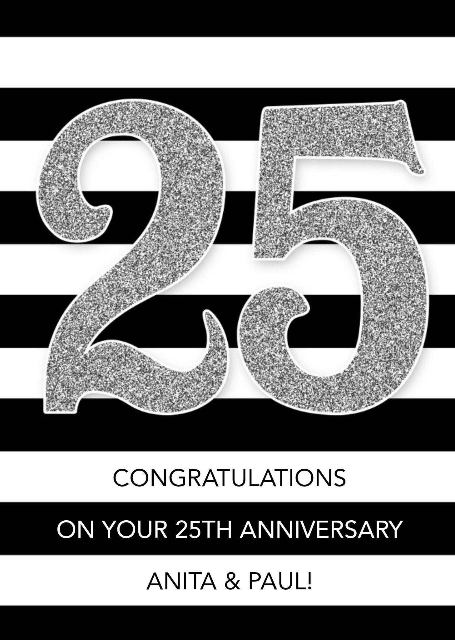 Black And White Striped Personalised Happy 25th Anniversary Card Ecard