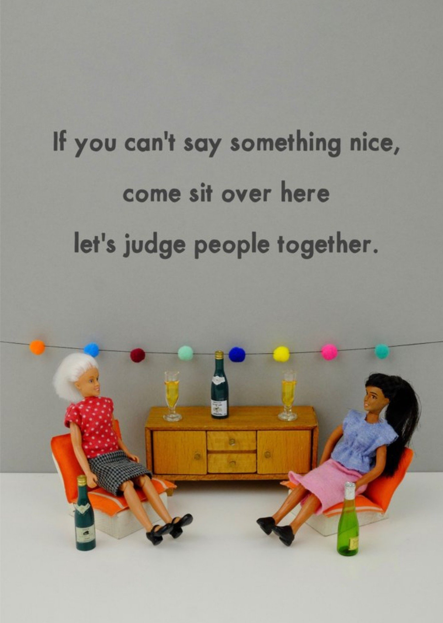 Bold And Bright Funny Photographic Female Figurines Sat On The Chairs Sharing Alcohol Humour Card, L