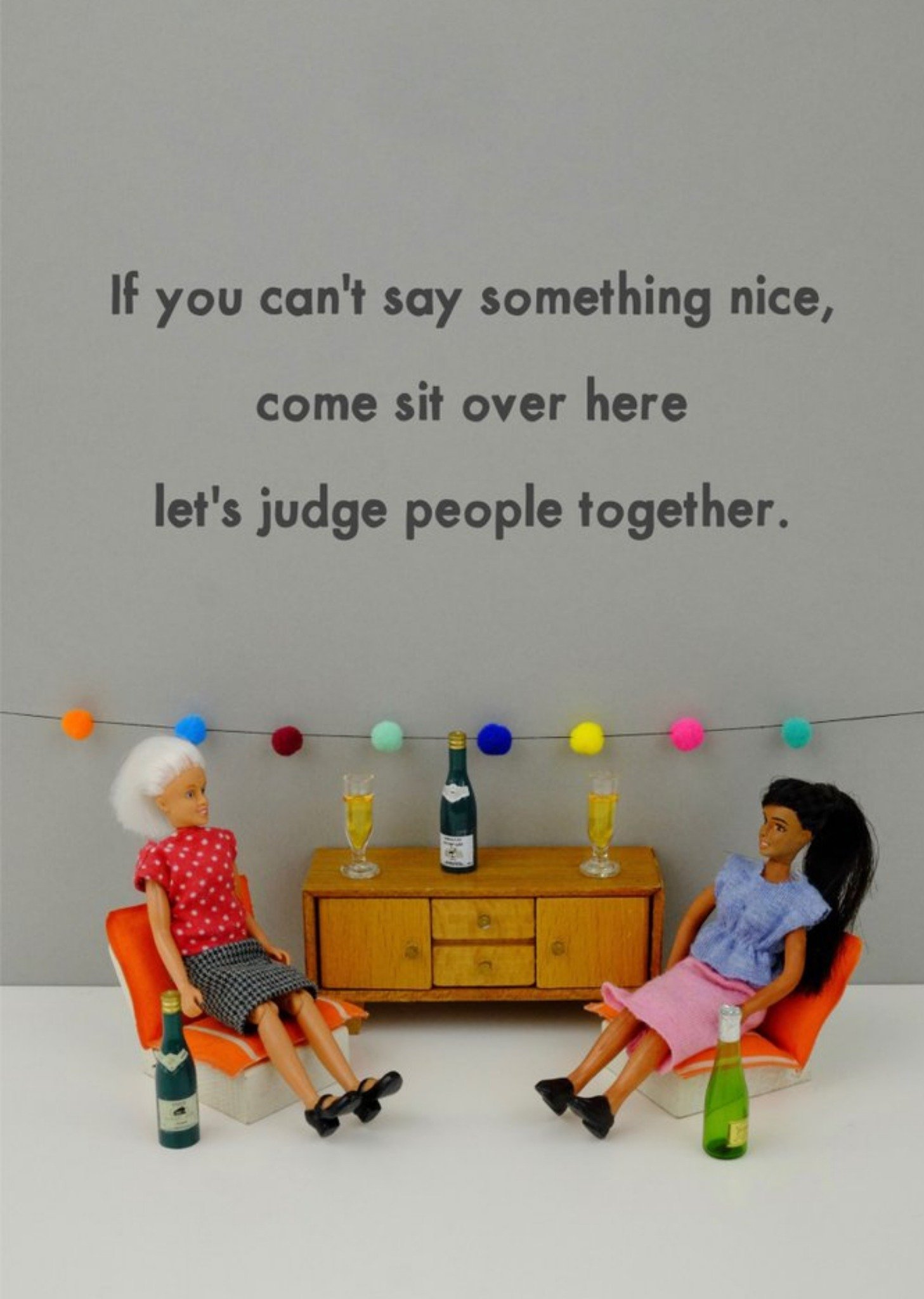 Bold And Bright Funny Photographic Female Figurines Sat On The Chairs Sharing Alcohol Humour Card Ecard