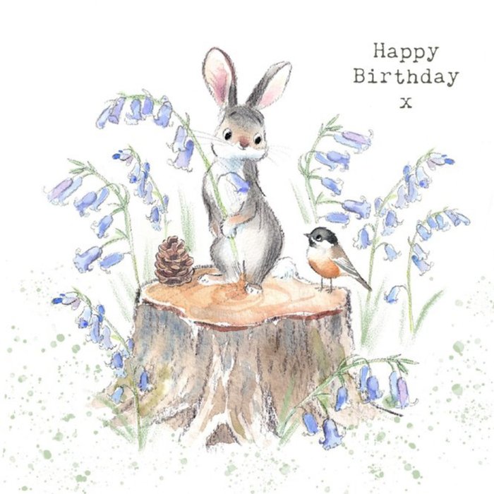 Illustration Of A Cute Rabbit And A Bird Sitting On A Tree Stump Among Bluebells Birthday Card