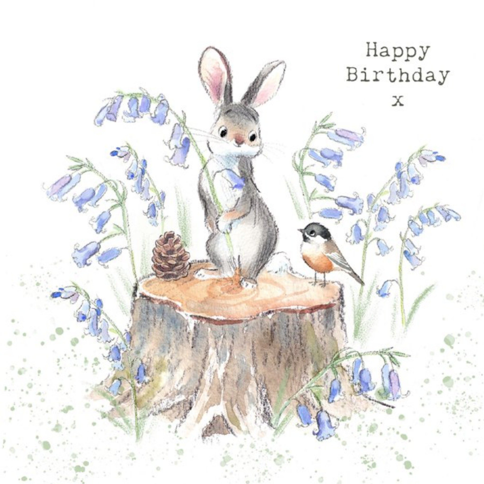 Moonpig Illustration Of A Cute Rabbit And A Bird Sitting On A Tree Stump Among Bluebells Birthday Ca