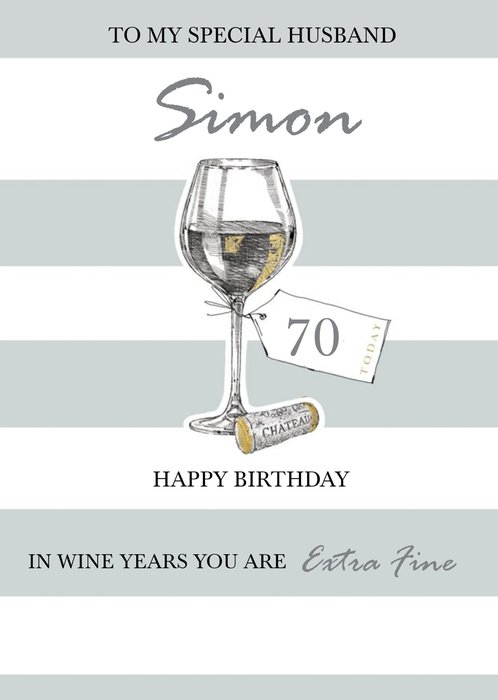 Illustration Of A Glass Of Wine On A Striped Background Husband's Seventieth Birthday Card