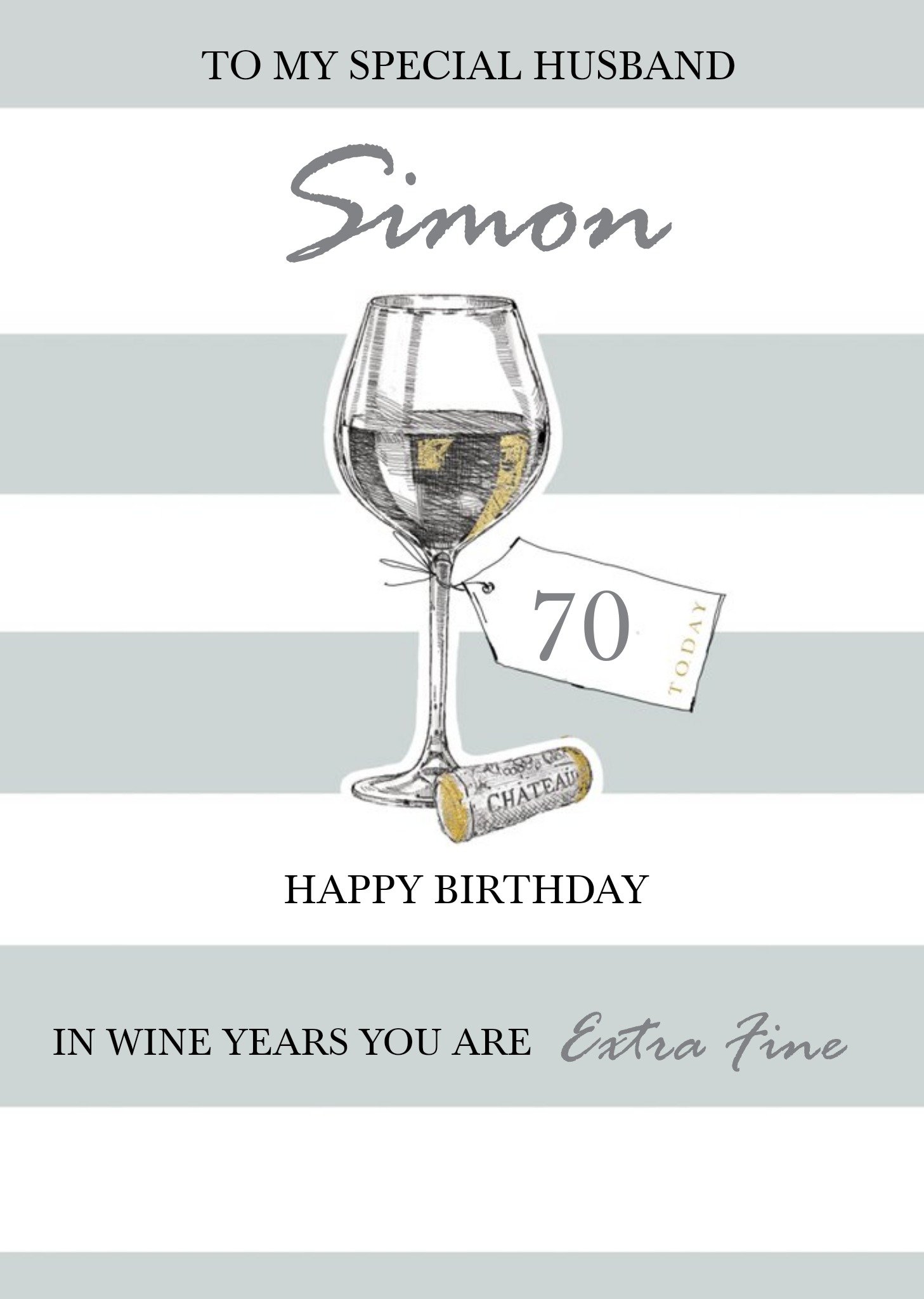 Moonpig Illustration Of A Glass Of Wine On A Striped Background Husband's Seventieth Birthday Card, 