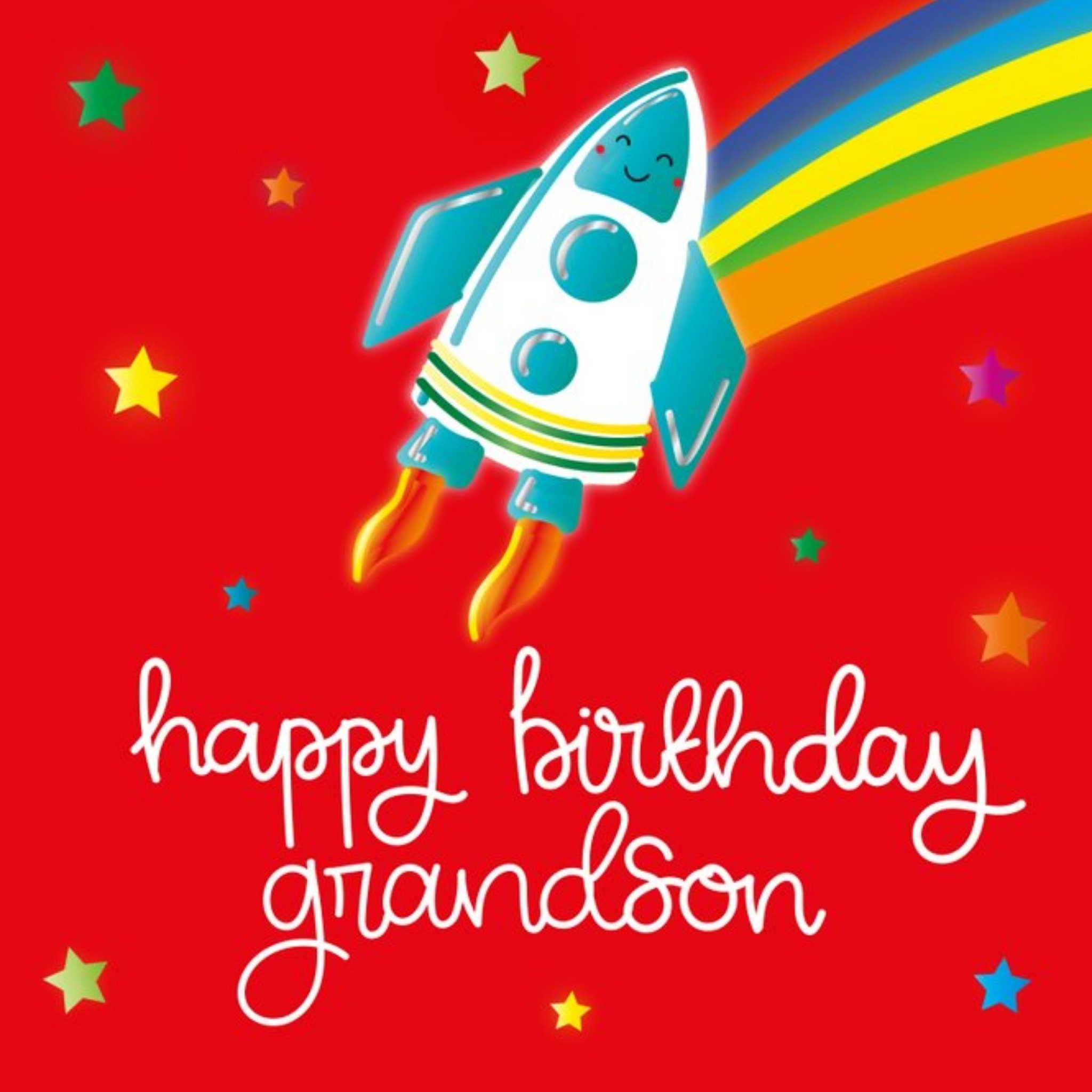 Betibabs Illustrated Rocket Rainbow Grandson Birthday Card, Square