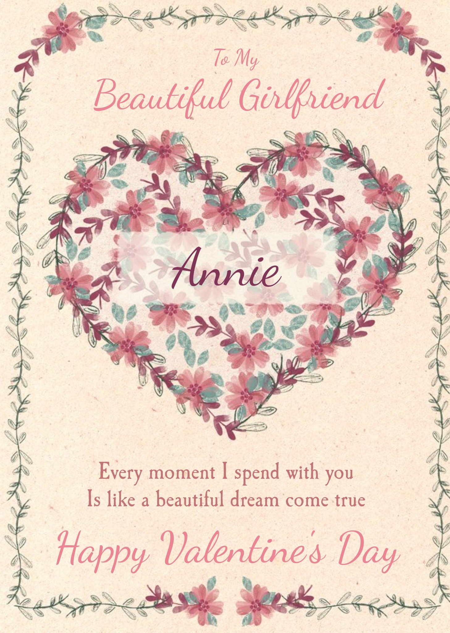 Moonpig Floral Heart Dream Come True Valentine's Day Girlfriend Card, Large