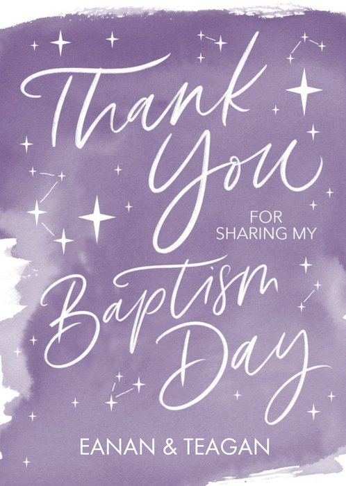 Purple Watercolour Typographic Baptism Thank You Card