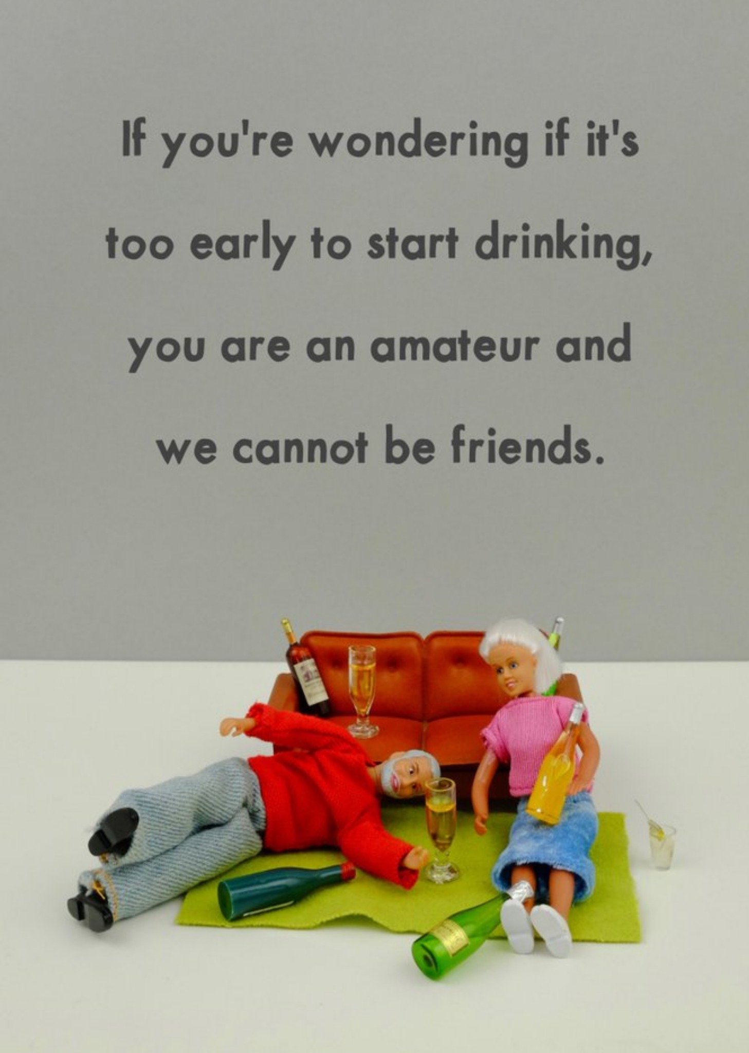 Bold And Bright Funny Photographic Image Of Two Dolls Getting Very Drunk Card