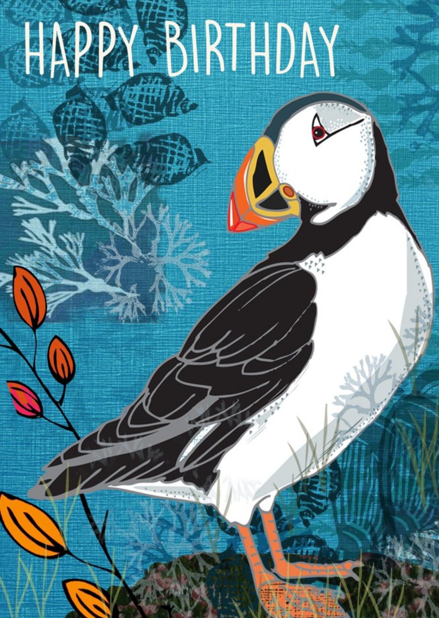 Moonpig Floral Pattern Puffin Birthday Card, Large