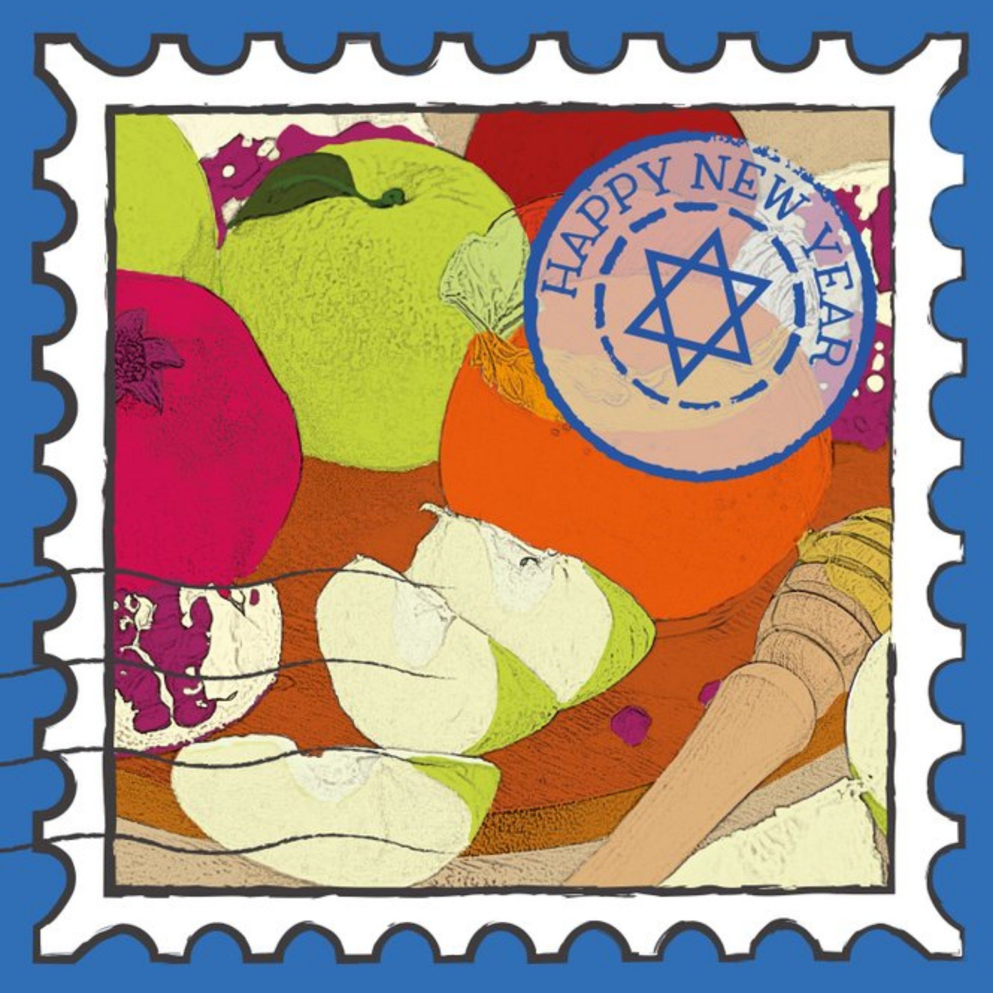 Happy New Year Star Of David And Fruit Card, Square