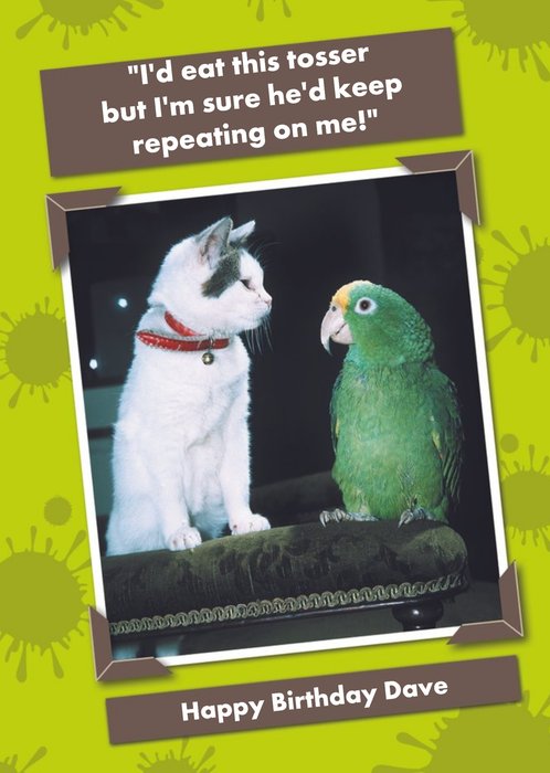 Kitty And Green Parrot Caption Personalised Happy Birthday Card