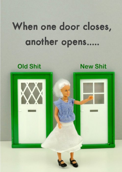 Funny Photograph Of A Female Doll Standing In Front Of Two Doors Just To Say Card