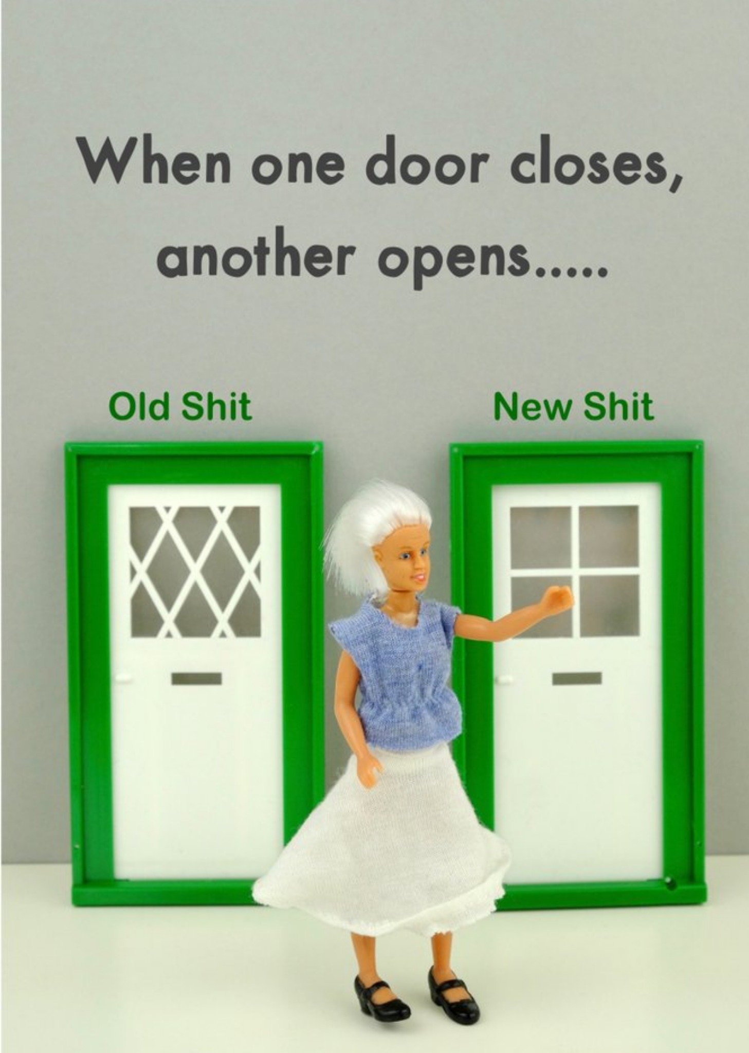 Bold And Bright Funny Photograph Of A Female Doll Standing In Front Of Two Doors Just To Say Card