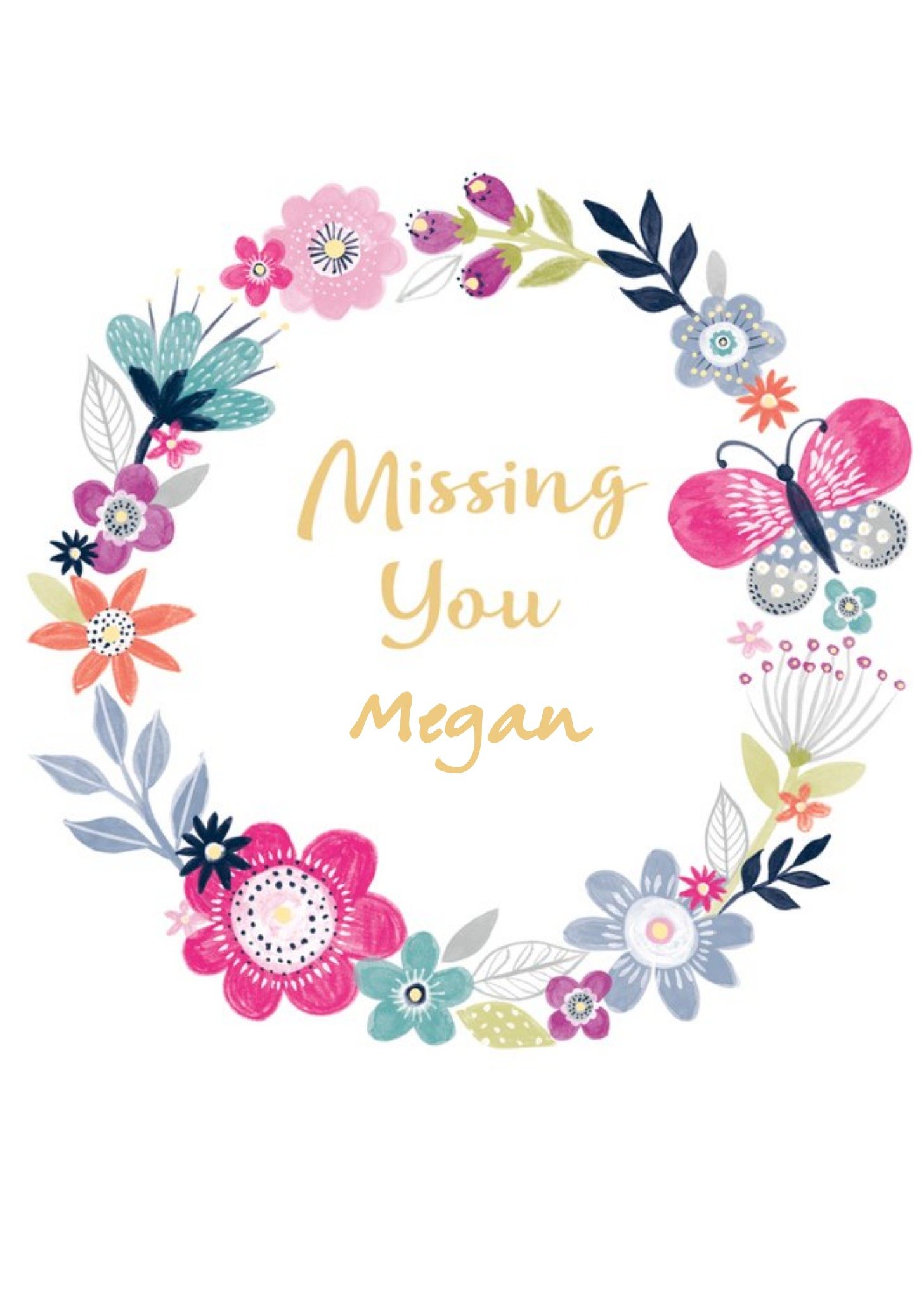 Guk Illustrated Floral Wreath Missing You Customisable Card Ecard