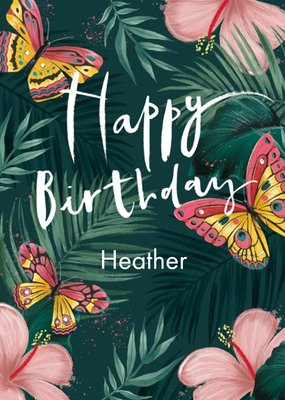 Illustration Of Colourful Butterflies And Foliage Happy Birthday Card