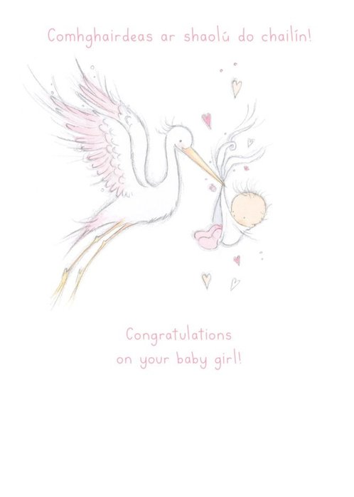 Stork Carrying Baby Illustration New Baby Girl Card