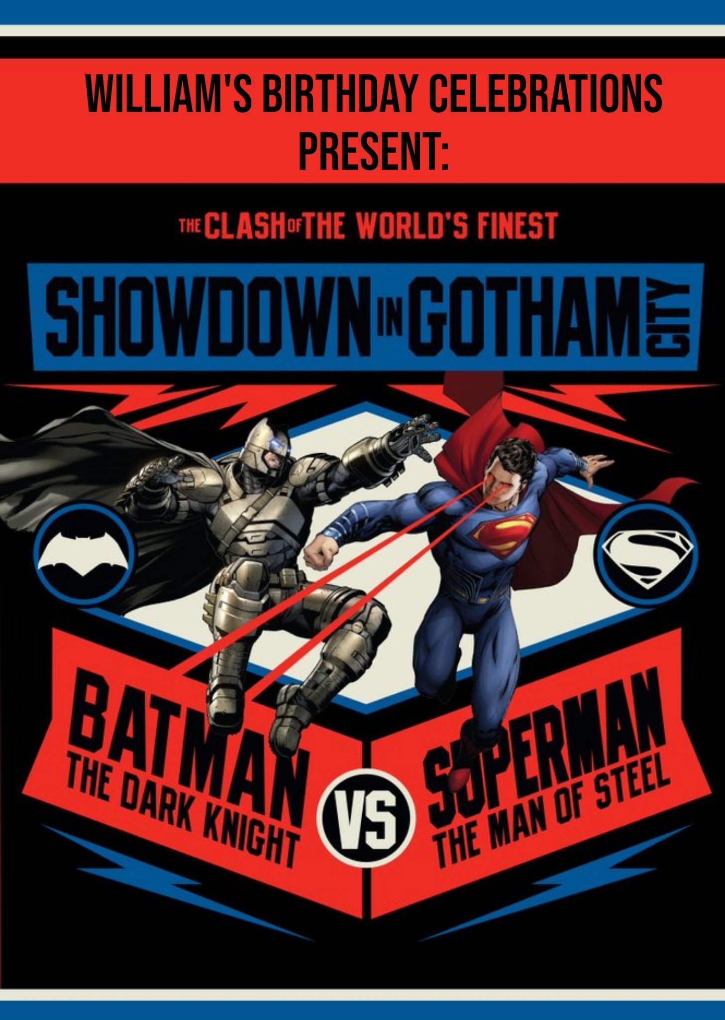 Superman And Batman Showdown In Gotham City Personalised Happy Birthday Card, Large