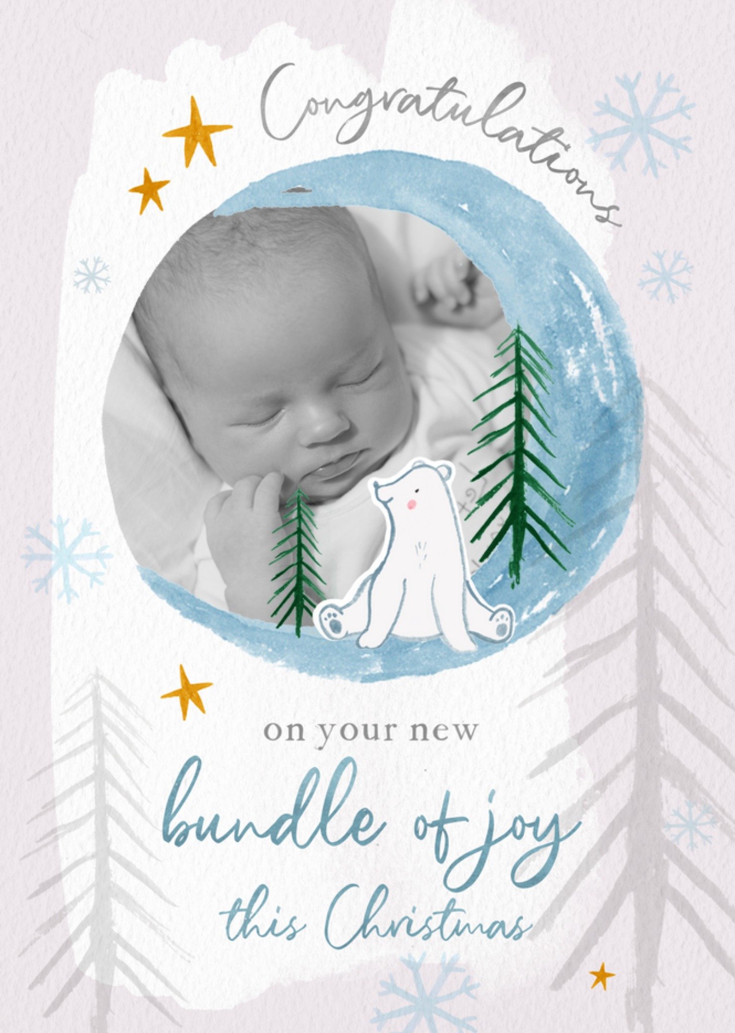 Moonpig Adorable Wintery Bundle Of Joy Illustrated Polar Bear Photo Upload Christmas New Baby Card, 