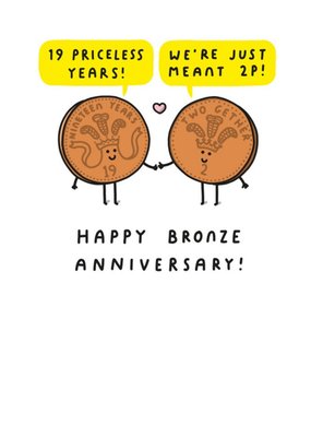 A pair Of Two Pence Pieces Cartoon Illustration Nineteenth Anniversary Funny Pun Card