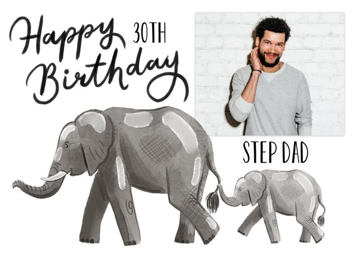 Okey Dokey Illustrated Elephants Step Dad 30th Birthday Photo Upload Card