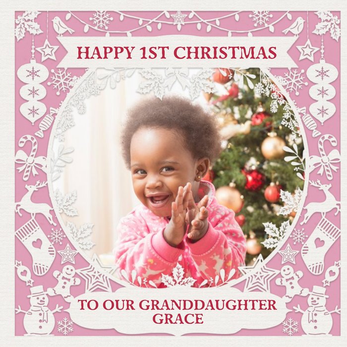 Paper Frames Photo Upload Christmas Card Happy First Christmas To Our Granddaughter