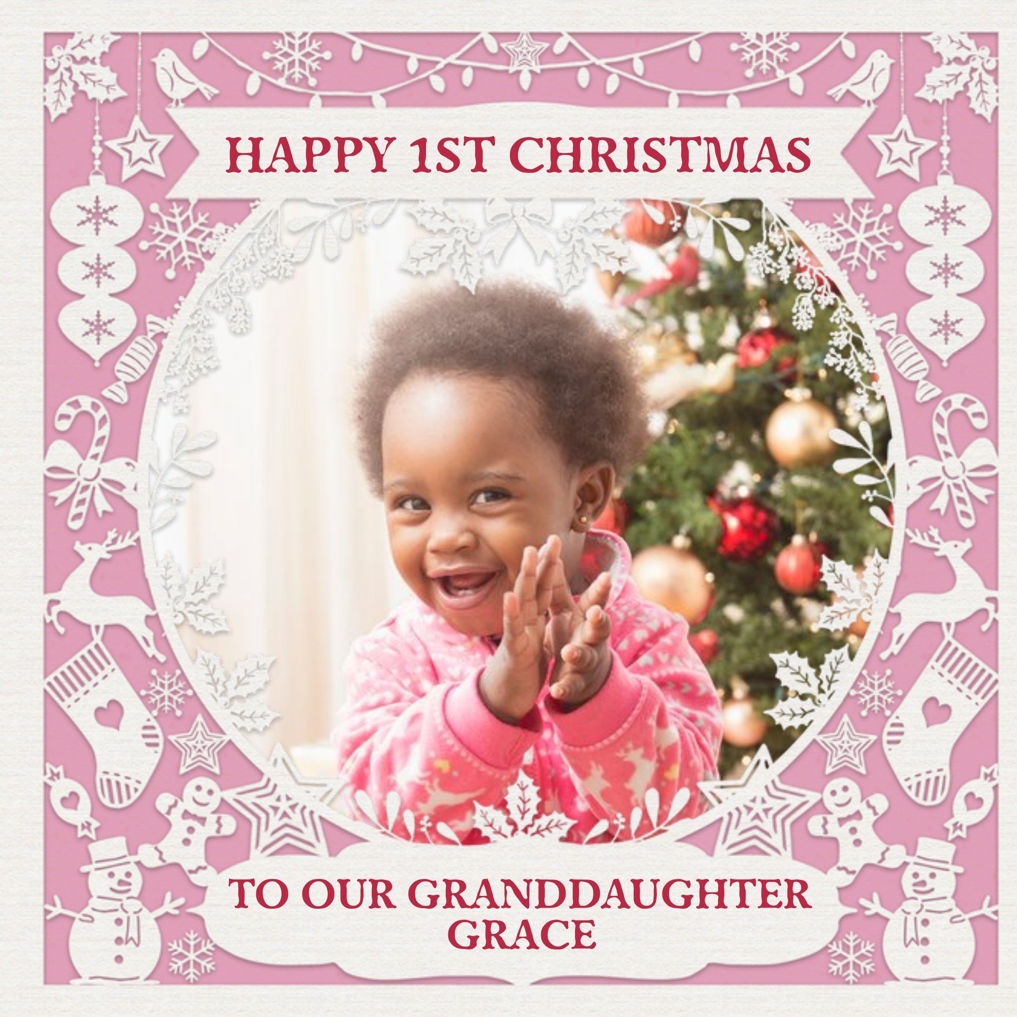 Moonpig Paper Frames Photo Upload Christmas Card Happy First Christmas To Our Granddaughter, Large