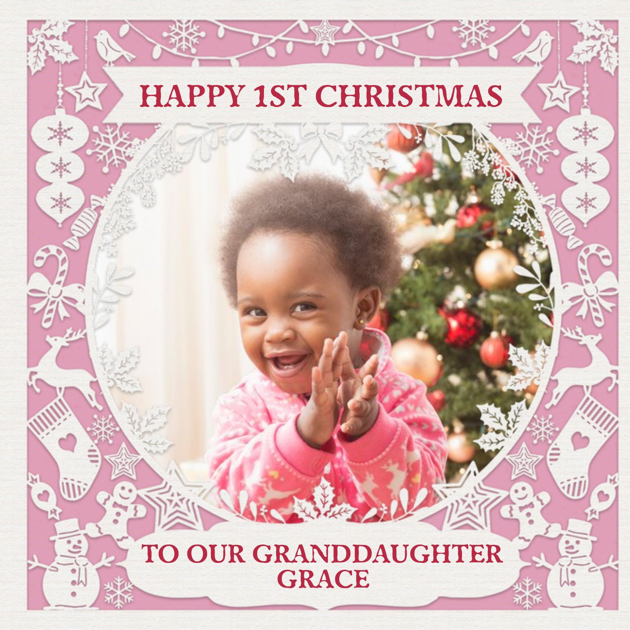 Paper Frames Photo Upload Christmas Card Happy First Christmas To Our Granddaughter, Square