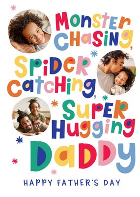 Monster Chasing Spider Catching Super Hugging Photo Upload Father's Day Card