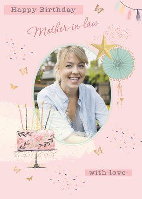 Illustrated Watercolour Cake Star Photo Upload Mother In Law Birthday Card