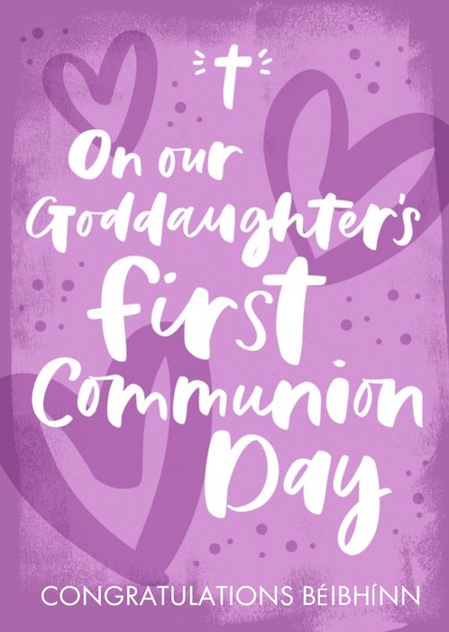 Handwritten Typography On A Purple Background With Hearts Goddaughter's First Communion Day Card