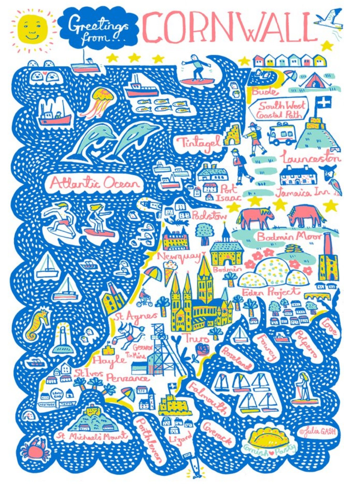 Illustrated Greetings From Cornwall Map Card Ecard