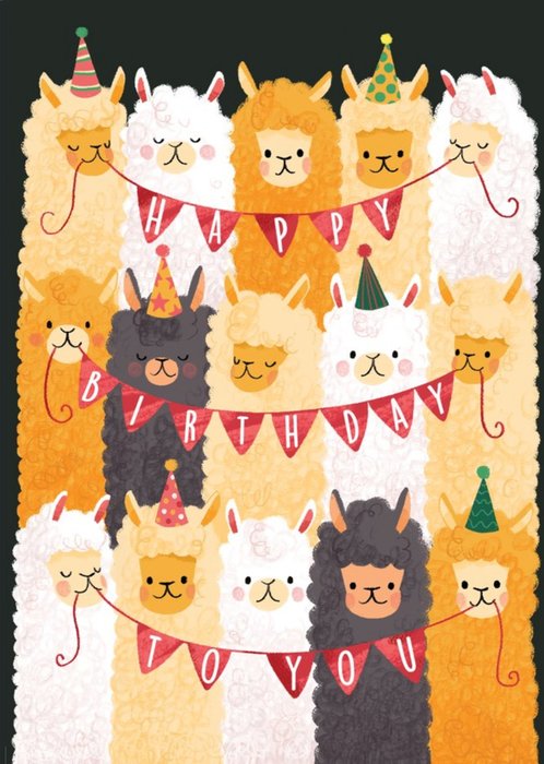 Illustration Of A Group Of Alpacas With Buntings Birthday Card