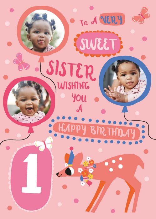 Pink Deer Sister Birthday Photo Upload Card
