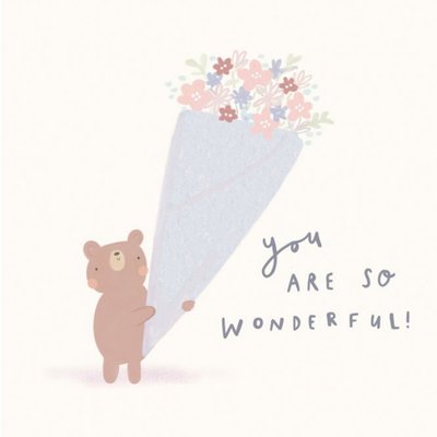 Illustration Of A Bear Holding A Large Bouquet Of Flowers Mother's Day Card
