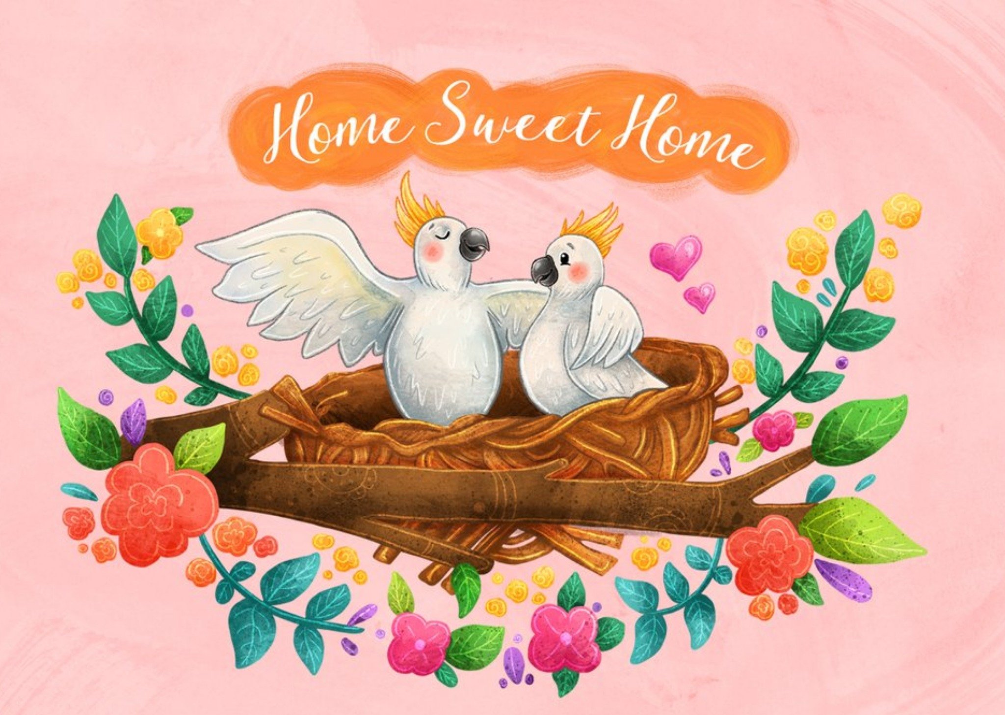 Moonpig Illustration Of A Pair Of Cockatoos Sitting In A Nest Surrounded By Flowers New Home Card Ec
