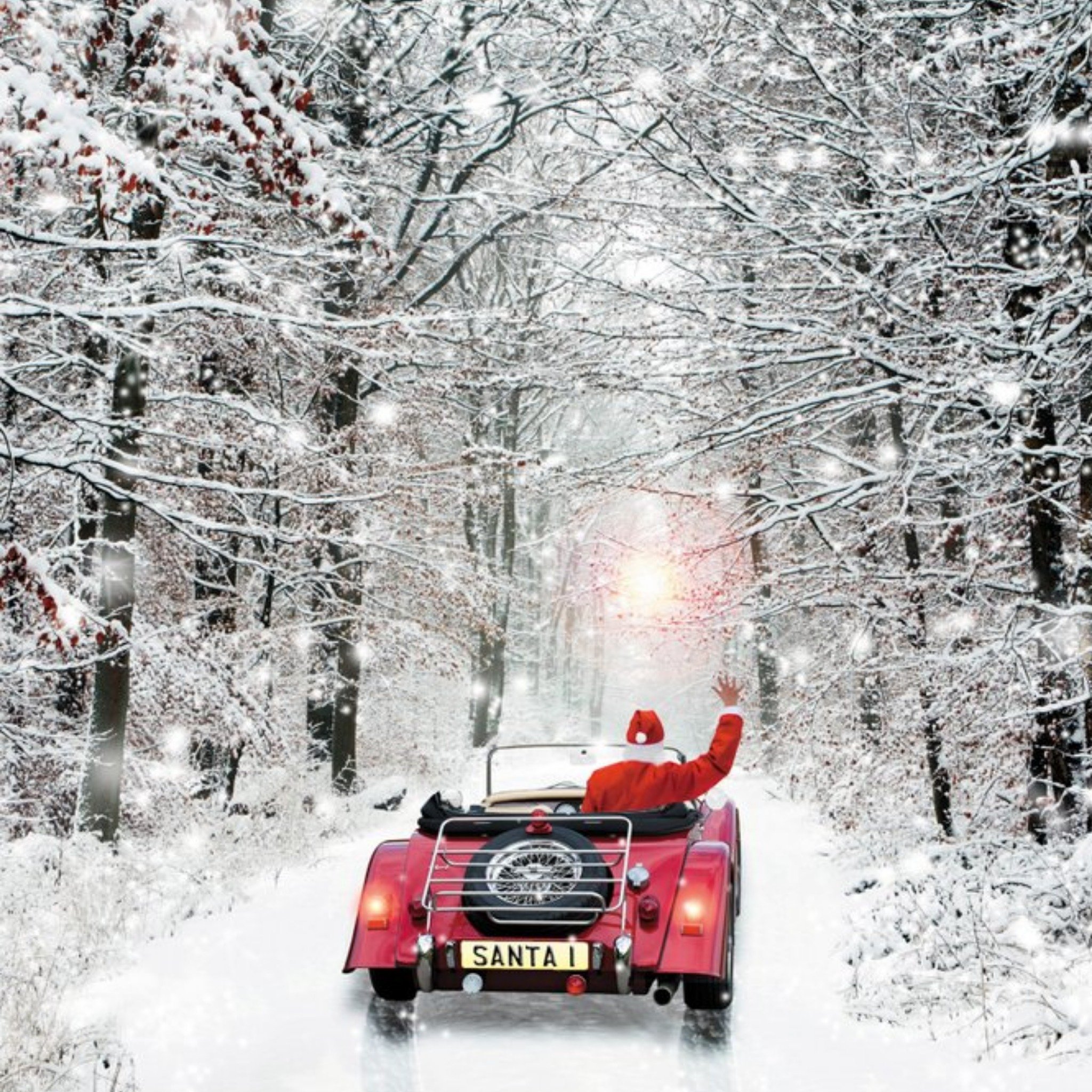 Santa Driving Through The Snow Painted Square Christmas Card