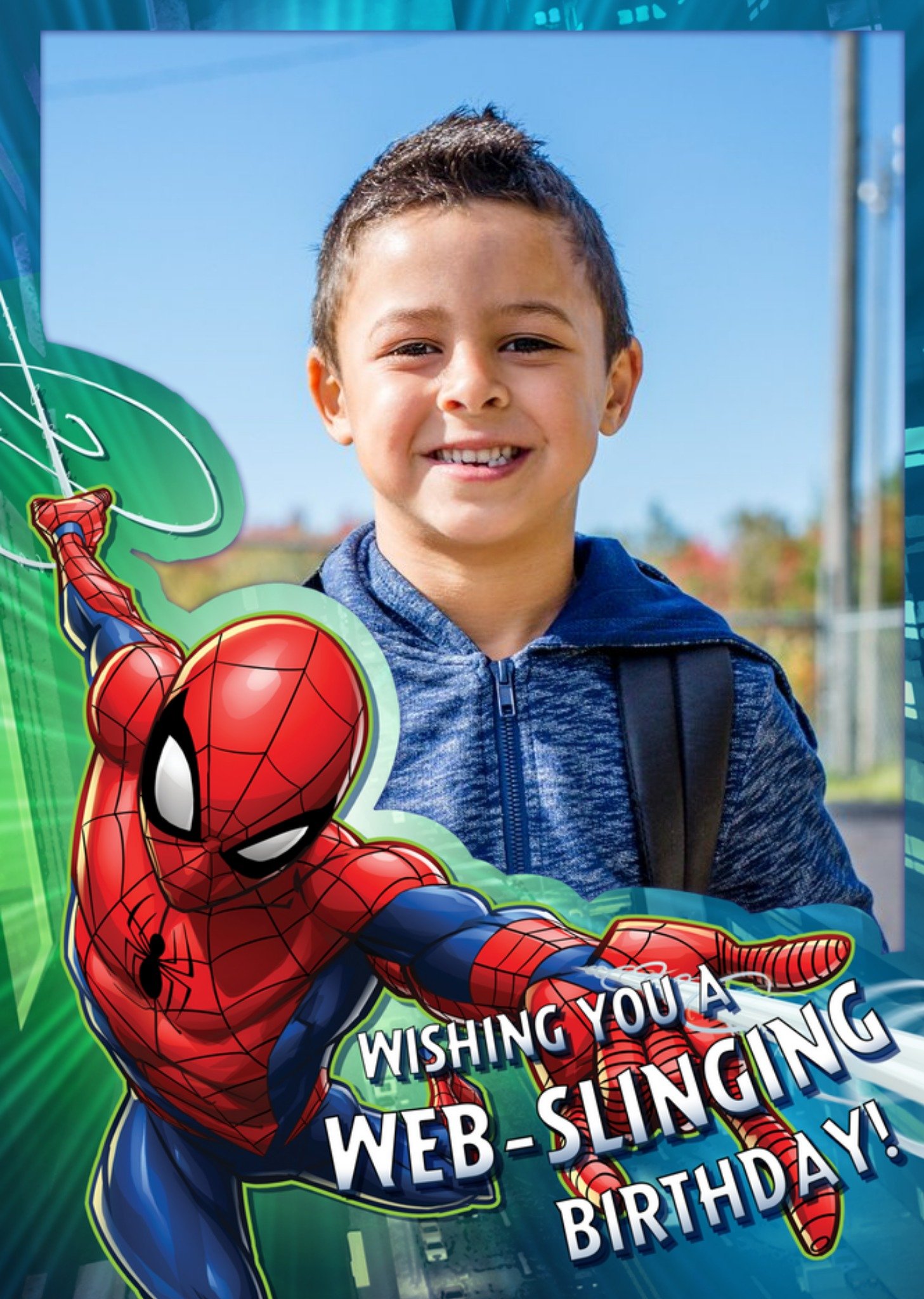 Marvel Spiderman Web-Slinging Photo Upload Birthday Card, Large